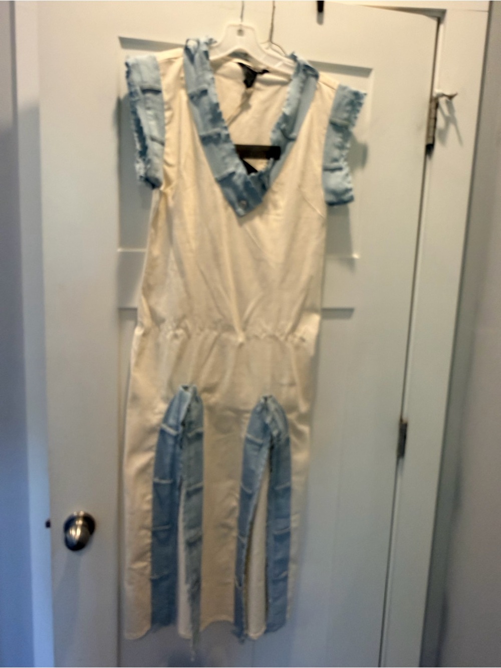 NWT KROIX Large White Light Wash Denim Contrast Distressed Jumpsuit